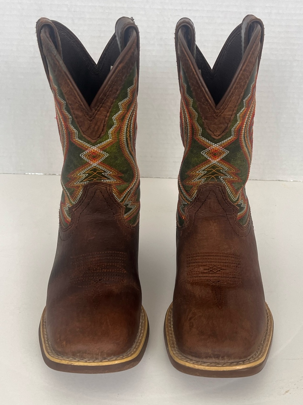 Durango Kids Western Boots Boys 13 Brown Green Leather Cowboy Rodeo Farm 8” - Picture 5 of 10